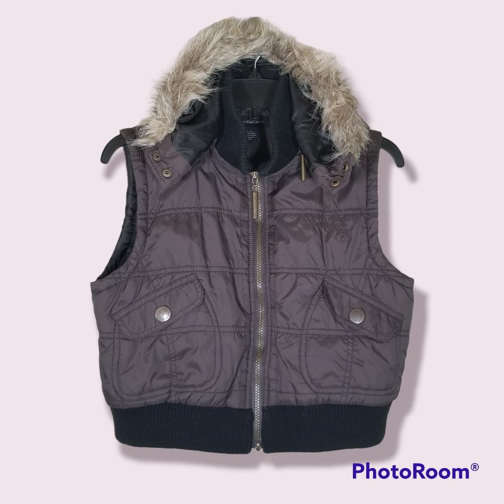 Calvin Klein Puffy Vest Jacket Removeable Faux Fur Lined Hood Size Large (14)